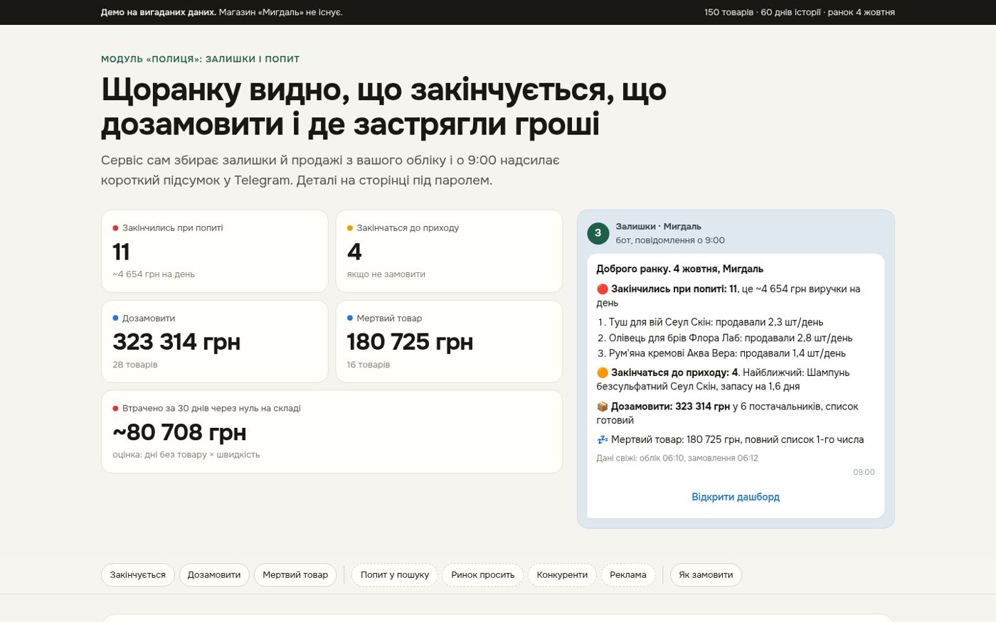 Демо «Полиці»: залишки і попит вигаданого магазину